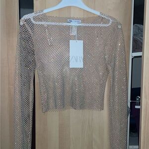 Zara Cropped Gold Sparkle Mesh Top